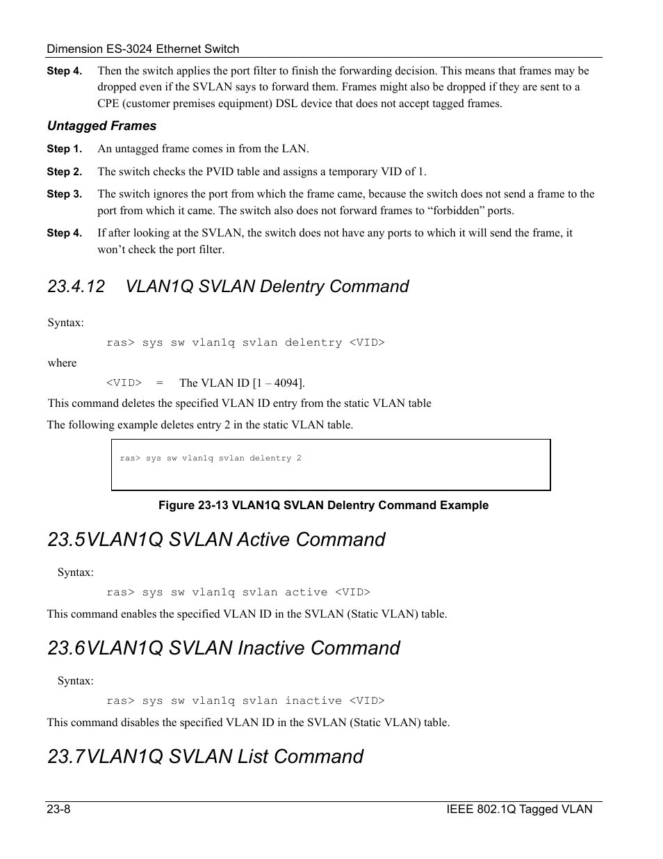 Vlan1q svlan active command, Vlan1q svlan inactive command, Vlan1q svlan list command | 5 vlan1q svlan active command, 6 vlan1q svlan inactive command, 7 vlan1q svlan list command, 12 vlan1q svlan delentry command | ZyXEL Communications ZyXEL Dimension ES-3024 User Manual | Page 154 / 167