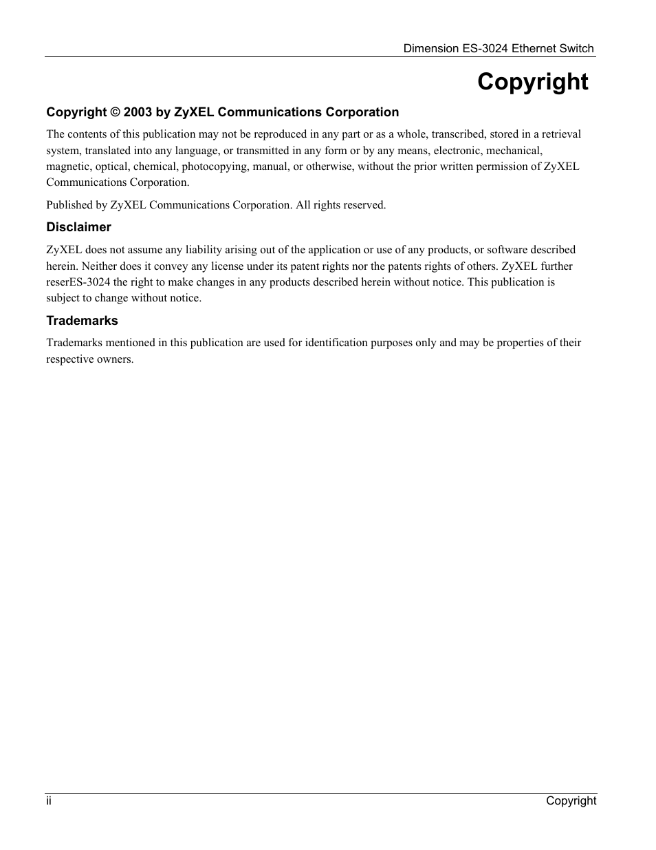 Copyright | ZyXEL Communications ZyXEL Dimension ES-3024 User Manual | Page 2 / 167