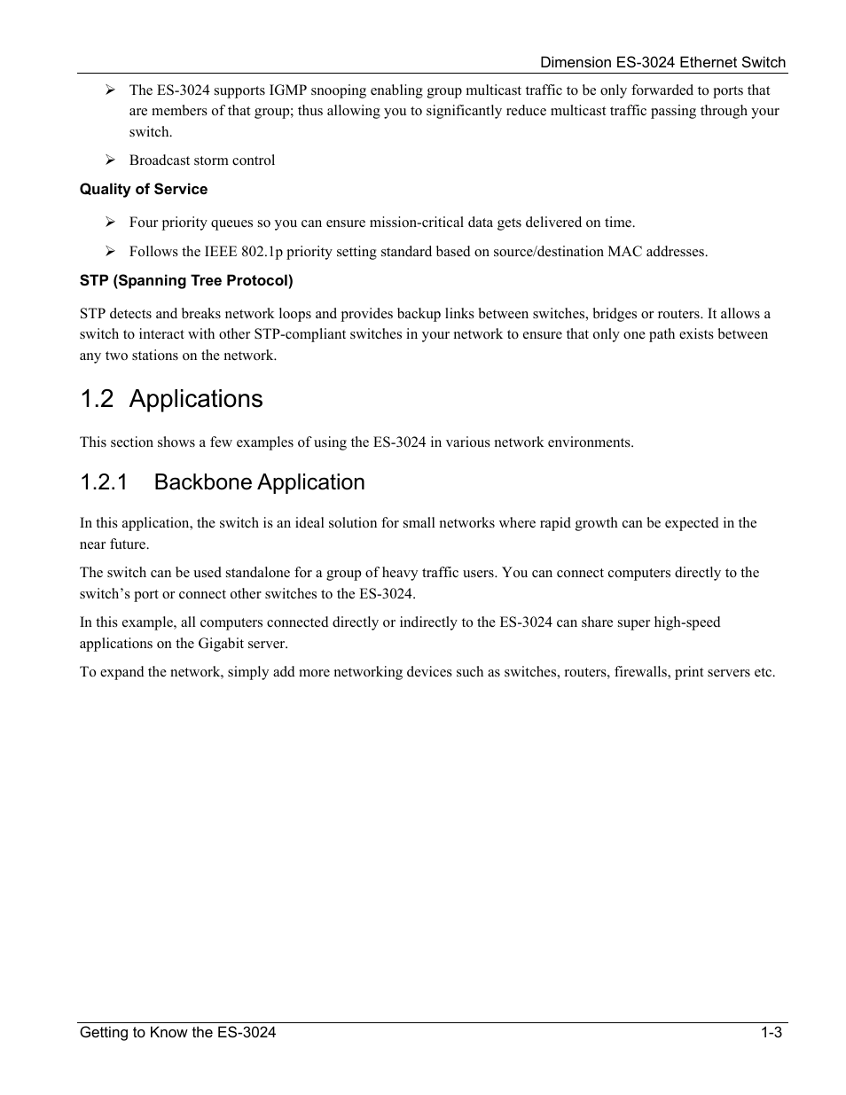 Applications, 2 applications, 1 backbone application | ZyXEL Communications ZyXEL Dimension ES-3024 User Manual | Page 21 / 167