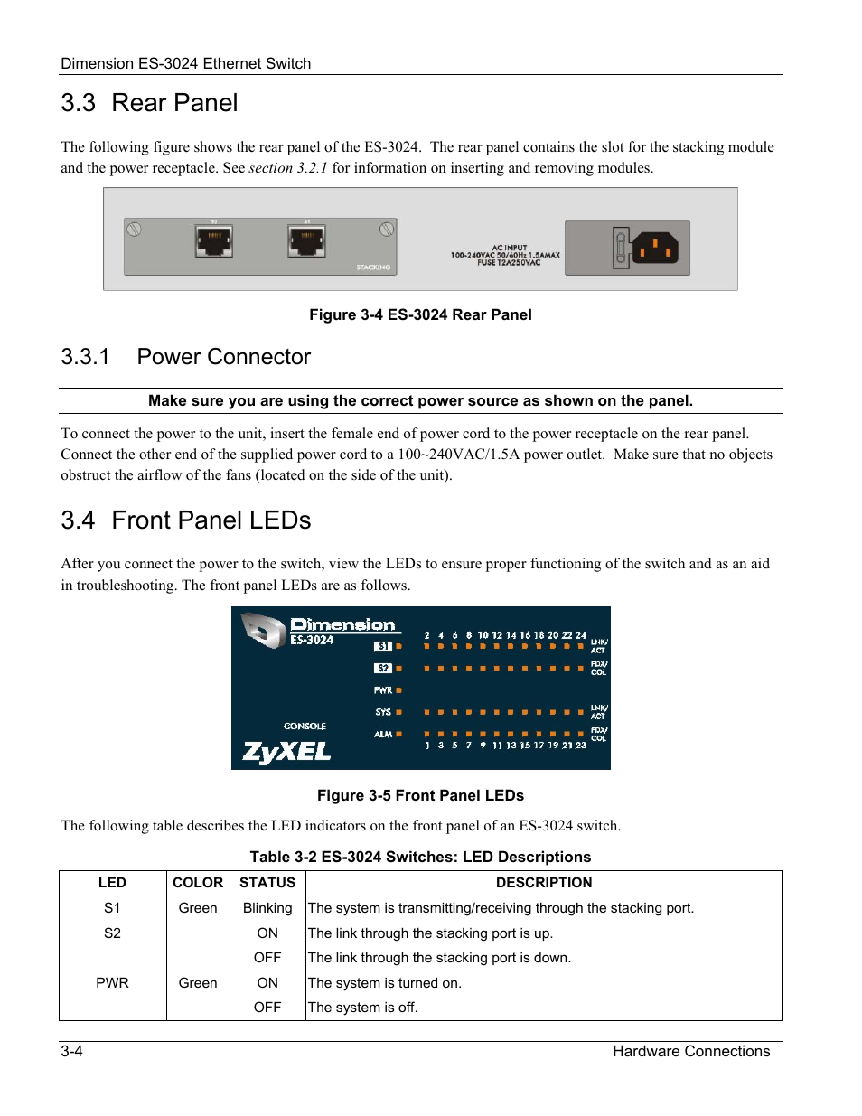 Rear panel, Front panel leds, 1 for i | 3 rear panel, 4 front panel leds, 1 power connector | ZyXEL Communications ZyXEL Dimension ES-3024 User Manual | Page 36 / 167