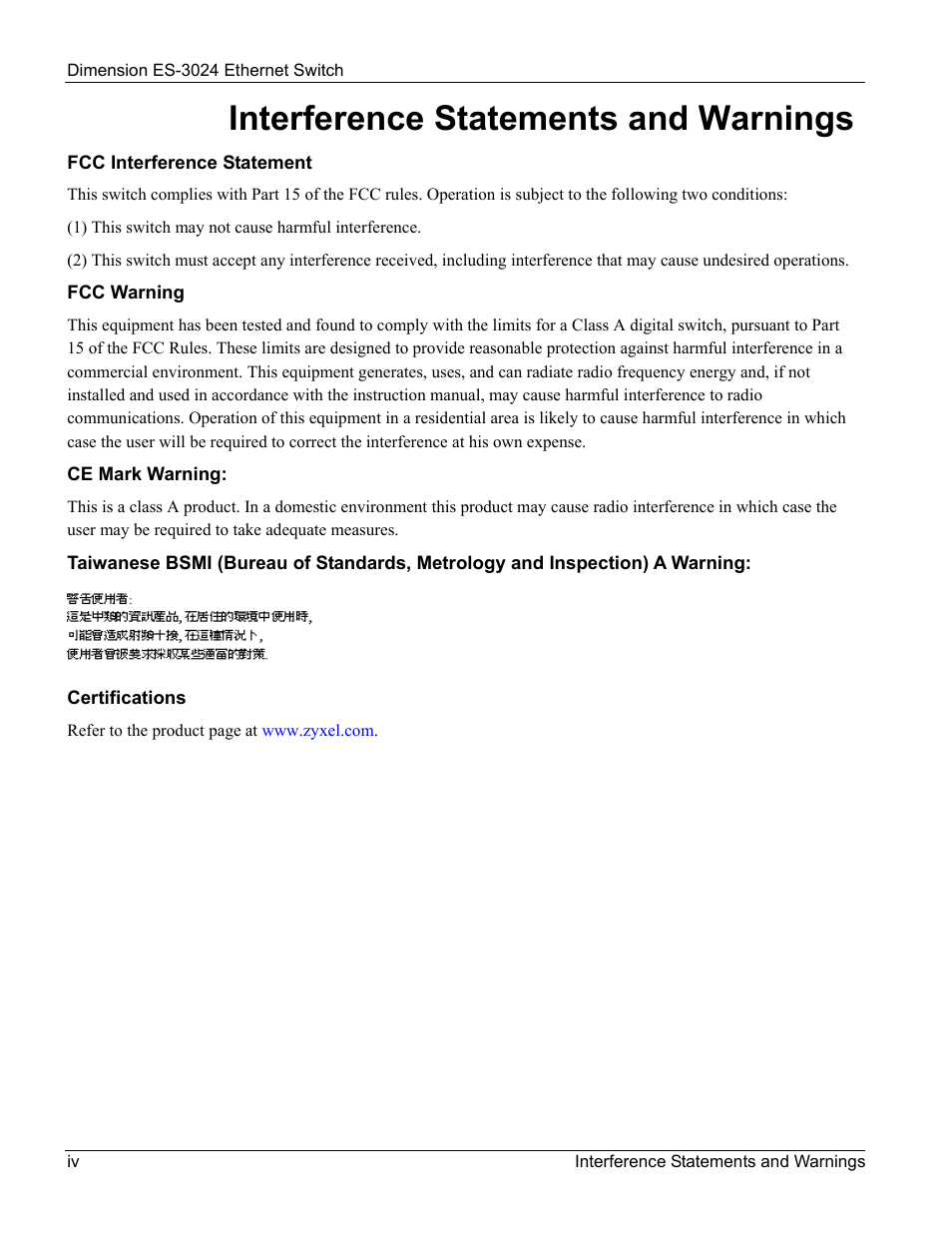 Interference statements and warnings | ZyXEL Communications ZyXEL Dimension ES-3024 User Manual | Page 4 / 167