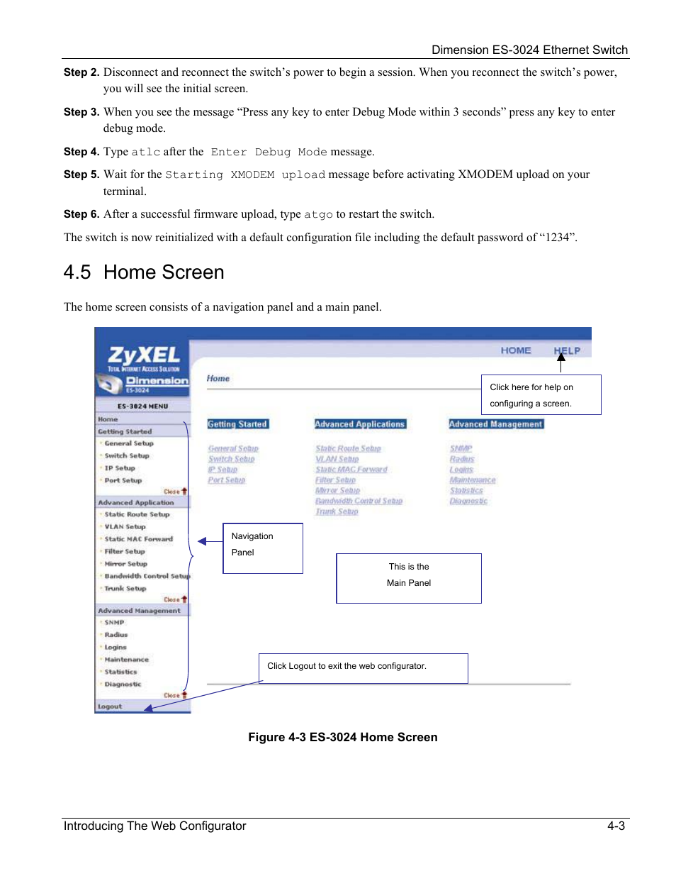 Home screen, 5 home screen | ZyXEL Communications ZyXEL Dimension ES-3024 User Manual | Page 45 / 167