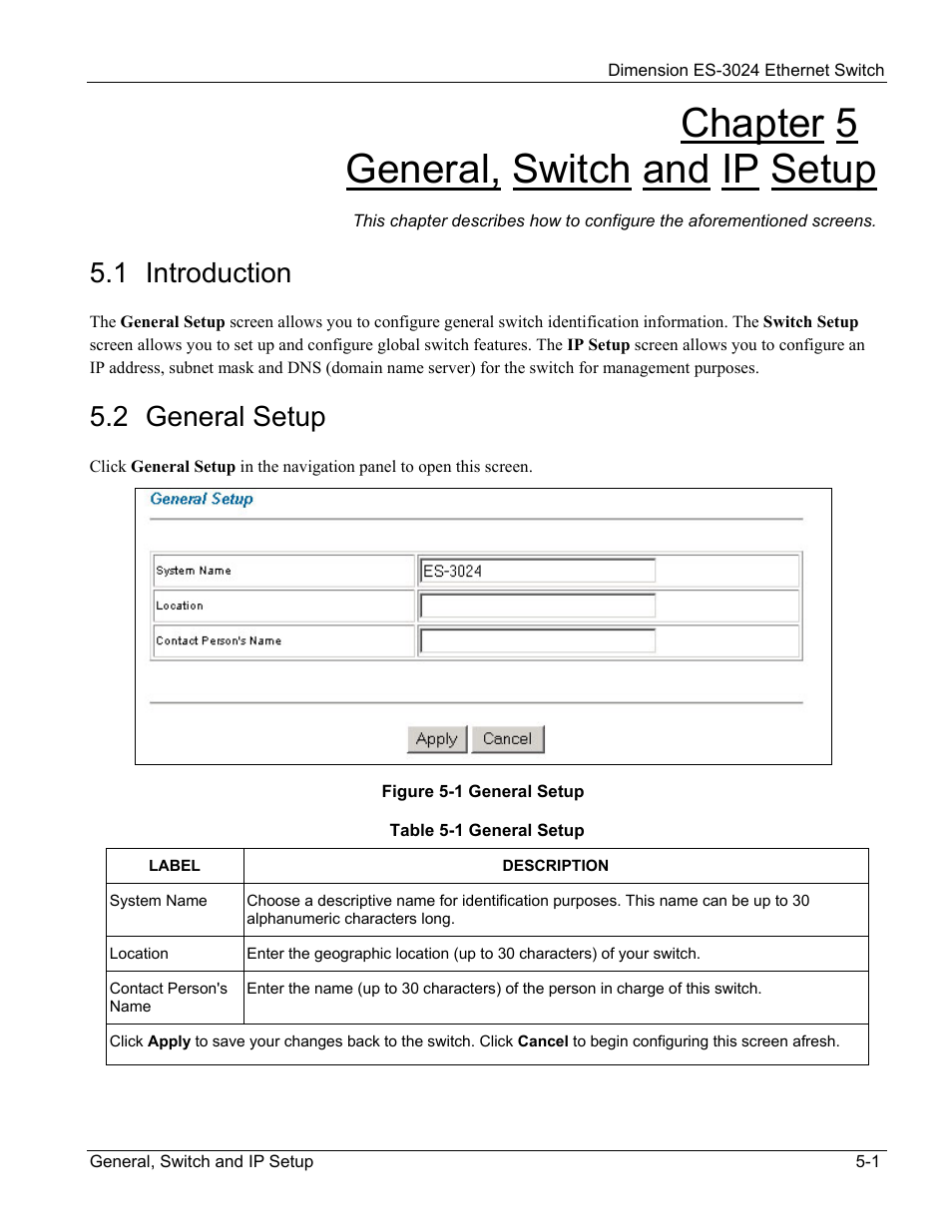 General, switch and ip setup, Introduction, General setup | Chapter 5 general, switch and ip setup, 1 introduction, 2 general setup | ZyXEL Communications ZyXEL Dimension ES-3024 User Manual | Page 49 / 167