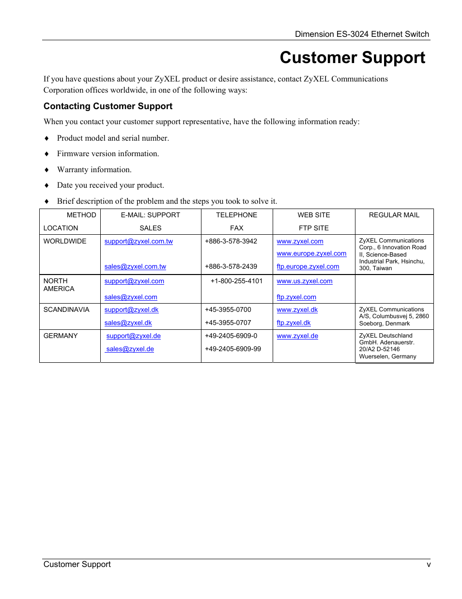 Customer support | ZyXEL Communications ZyXEL Dimension ES-3024 User Manual | Page 5 / 167