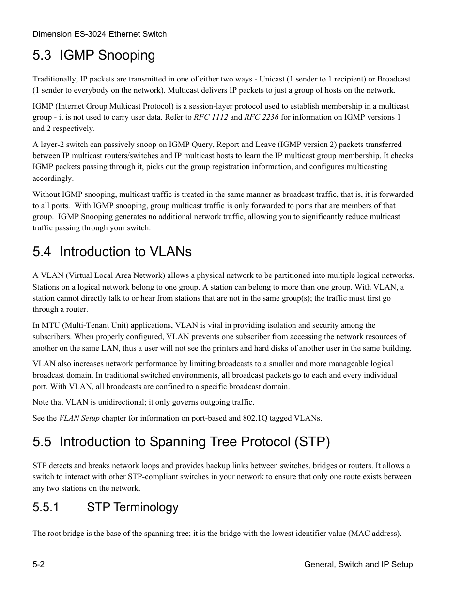 Igmp snooping, Introduction to vlans, Introduction to spanning tree protocol (stp) | 3 igmp snooping, 4 introduction to vlans, 5 introduction to spanning tree protocol (stp), 1 stp terminology | ZyXEL Communications ZyXEL Dimension ES-3024 User Manual | Page 50 / 167
