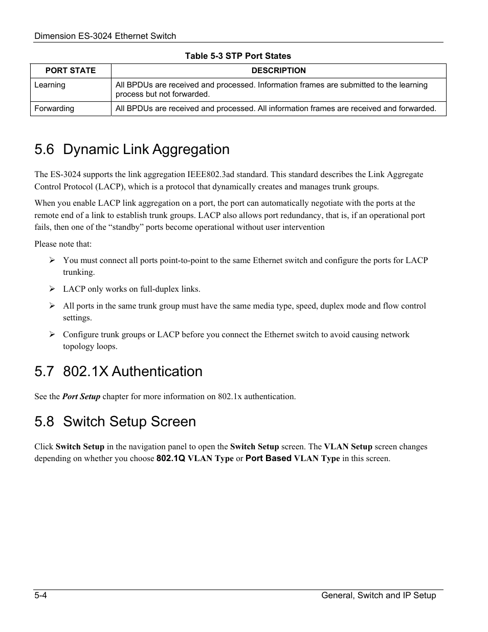 Dynamic link aggregation, 1x authentication, Switch setup screen | 6 dynamic link aggregation, 8 switch setup screen | ZyXEL Communications ZyXEL Dimension ES-3024 User Manual | Page 52 / 167