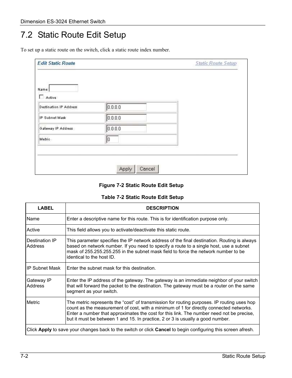 Static route edit setup, 2 static route edit setup | ZyXEL Communications ZyXEL Dimension ES-3024 User Manual | Page 68 / 167