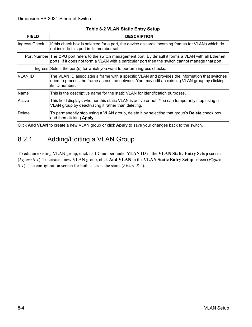 1 adding/editing a vlan group | ZyXEL Communications ZyXEL Dimension ES-3024 User Manual | Page 72 / 167