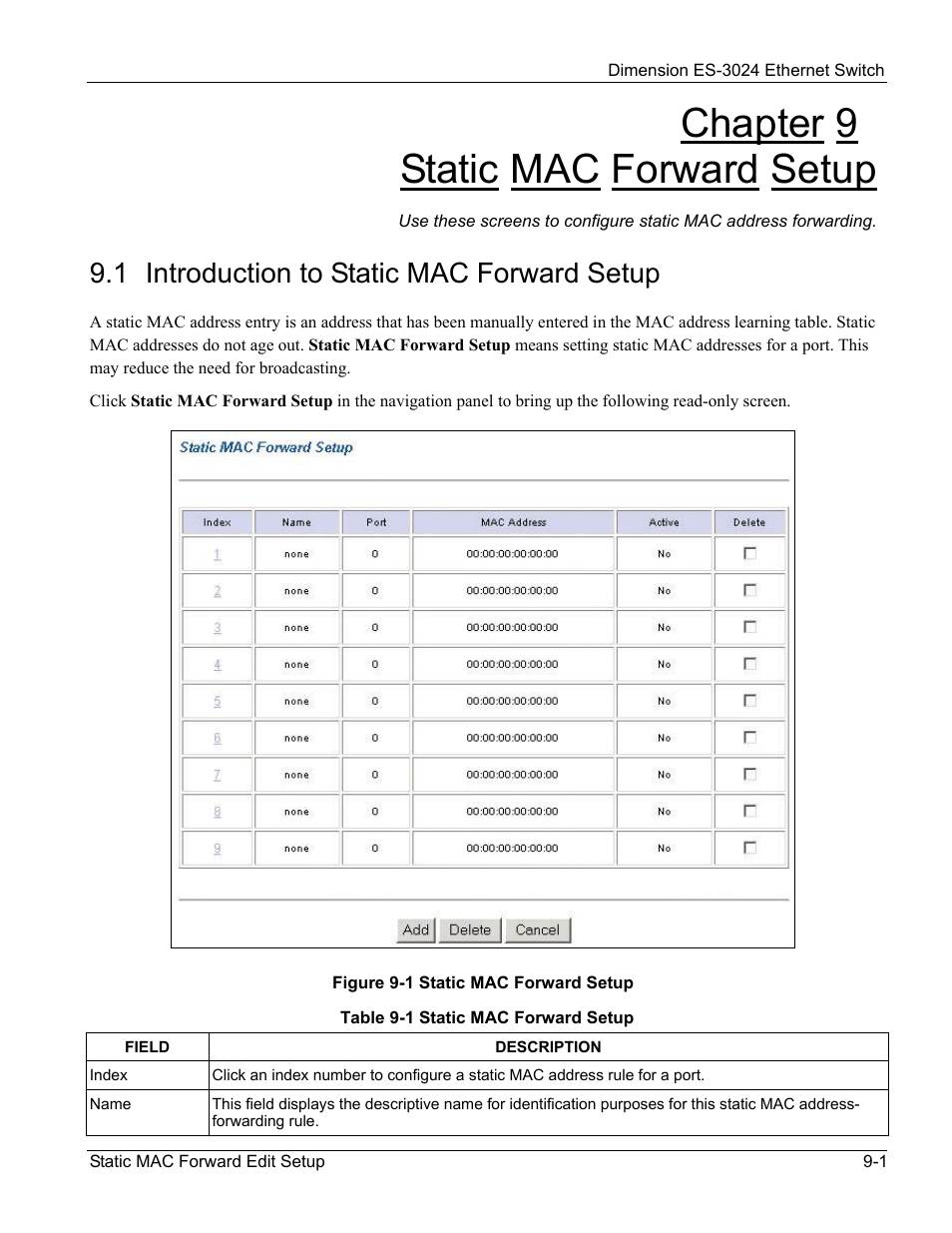 Static mac forward setup, Introduction to static mac forward setup, Chapter 9 static mac forward setup | 1 introduction to static mac forward setup | ZyXEL Communications ZyXEL Dimension ES-3024 User Manual | Page 77 / 167