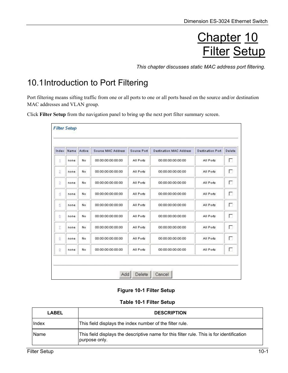 Filter setup, Introduction to port filtering, Chapter 10 filter setup | 1 introduction to port filtering | ZyXEL Communications ZyXEL Dimension ES-3024 User Manual | Page 79 / 167