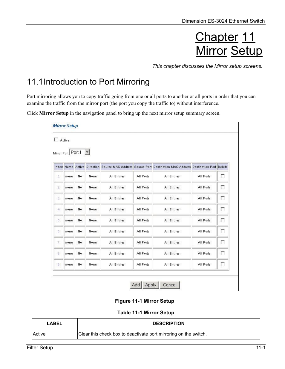 Mirror setup, Introduction to port mirroring, Chapter 11 mirror setup | 1 introduction to port mirroring | ZyXEL Communications ZyXEL Dimension ES-3024 User Manual | Page 83 / 167