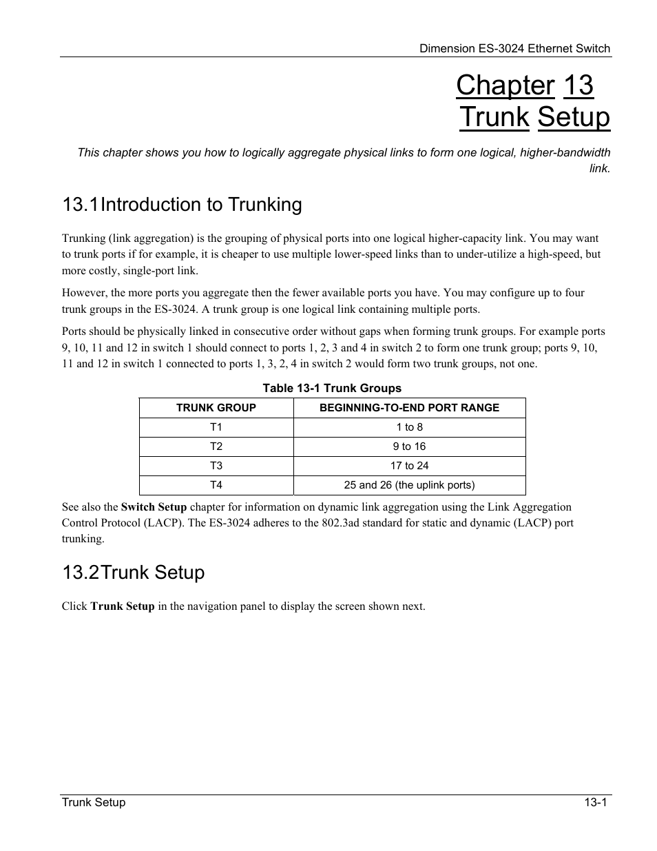 Trunk setup, Introduction to trunking, Chapter 13 trunk setup | 1 introduction to trunking, 2 trunk setup | ZyXEL Communications ZyXEL Dimension ES-3024 User Manual | Page 91 / 167