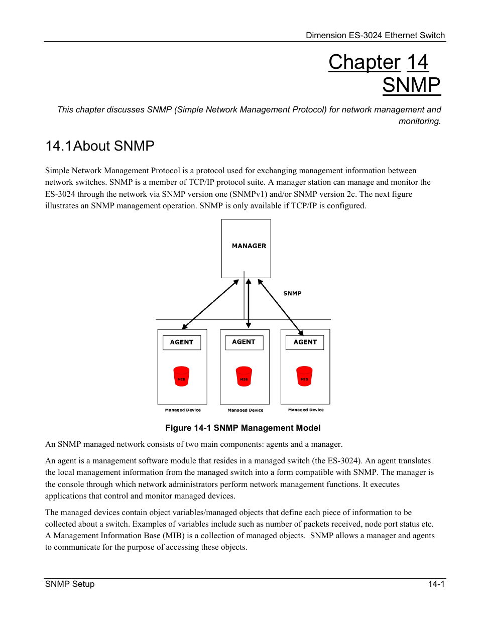 Snmp, About snmp, Chapter 14 snmp | 1 about snmp | ZyXEL Communications ZyXEL Dimension ES-3024 User Manual | Page 95 / 167