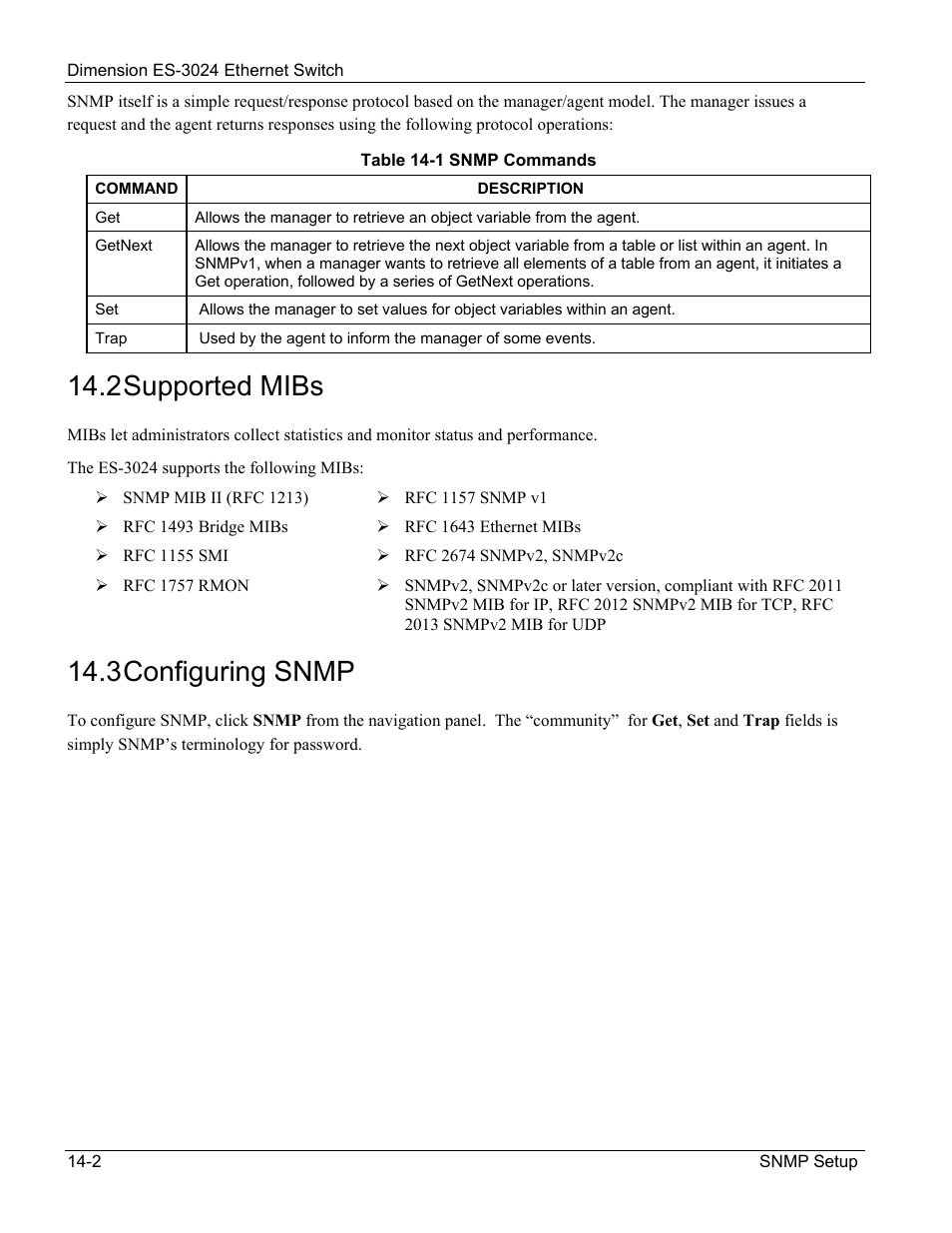 Supported mibs, Configuring snmp, 2 supported mibs | 3 configuring snmp | ZyXEL Communications ZyXEL Dimension ES-3024 User Manual | Page 96 / 167