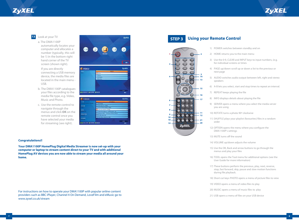 Step 3 using your remote control | ZyXEL Communications DMA1100P User Manual | Page 5 / 6