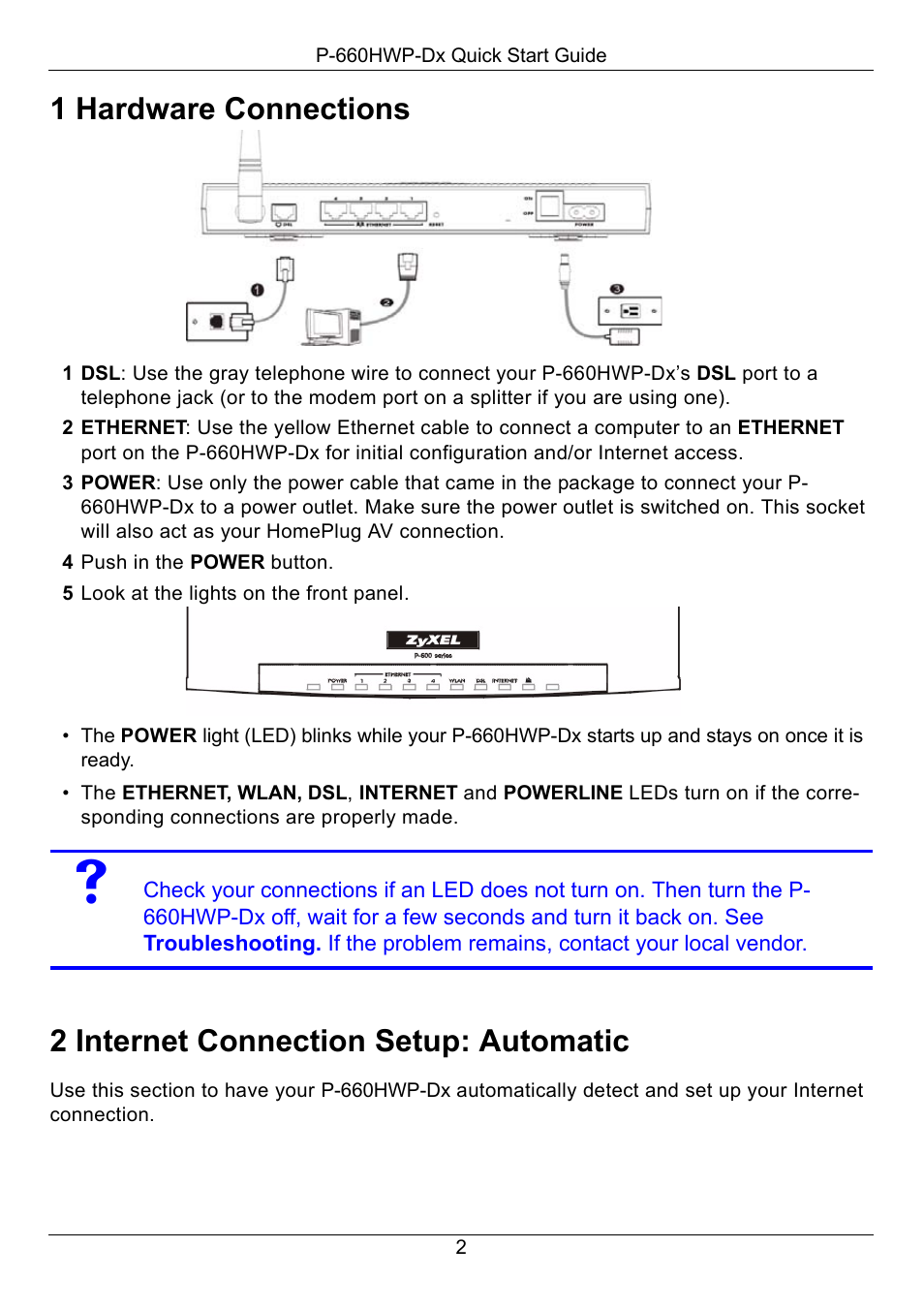 1 hardware connections, 4 push in the power button, 5 look at the lights on the front panel | 2 internet connection setup: automatic | ZyXEL Communications 802.11g HomePlug AV ADSL2+ Gateway P-660HWP-D1 User Manual | Page 3 / 13