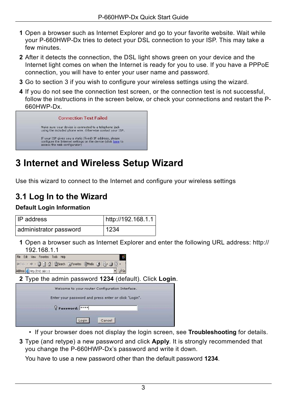 3 internet and wireless setup wizard, 1 log in to the wizard | ZyXEL Communications 802.11g HomePlug AV ADSL2+ Gateway P-660HWP-D1 User Manual | Page 4 / 13