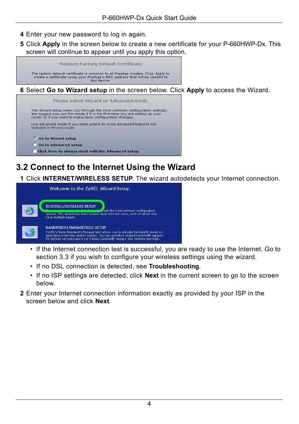 4 enter your new password to log in again, 2 connect to the internet using the wizard | ZyXEL Communications 802.11g HomePlug AV ADSL2+ Gateway P-660HWP-D1 User Manual | Page 5 / 13