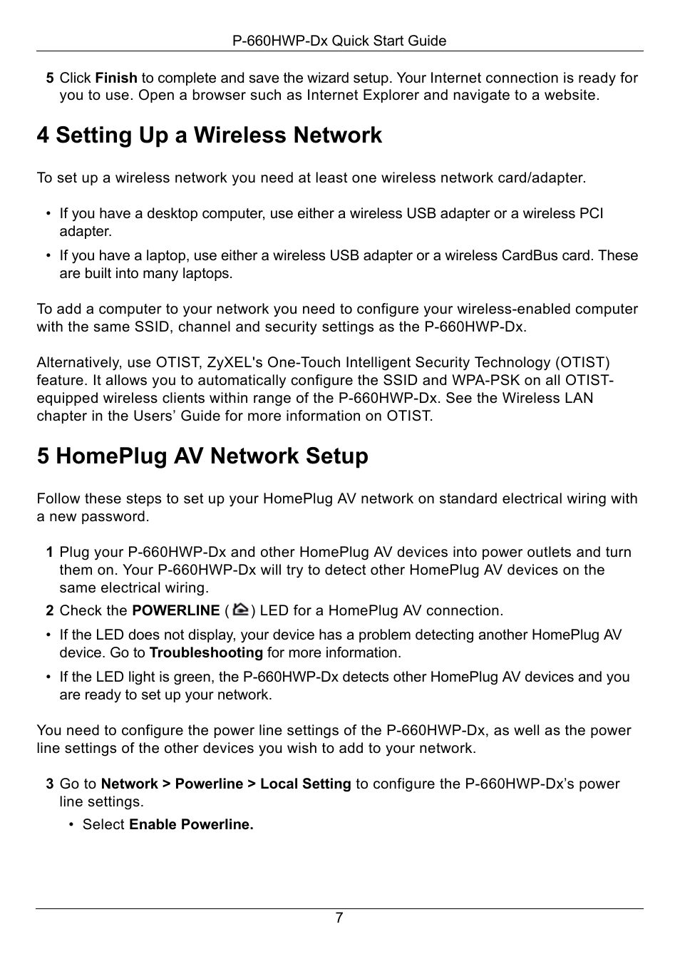 4 setting up a wireless network, 5 homeplug av network setup | ZyXEL Communications 802.11g HomePlug AV ADSL2+ Gateway P-660HWP-D1 User Manual | Page 8 / 13