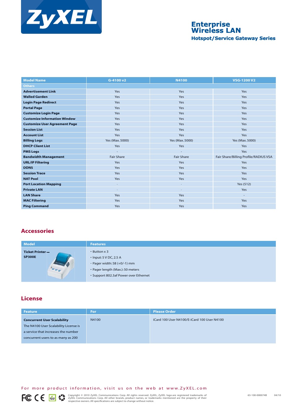 Enterprise wireless lan, Accessories, License | Hotspot/service gateway series | ZyXEL Communications N4100 User Manual | Page 6 / 6