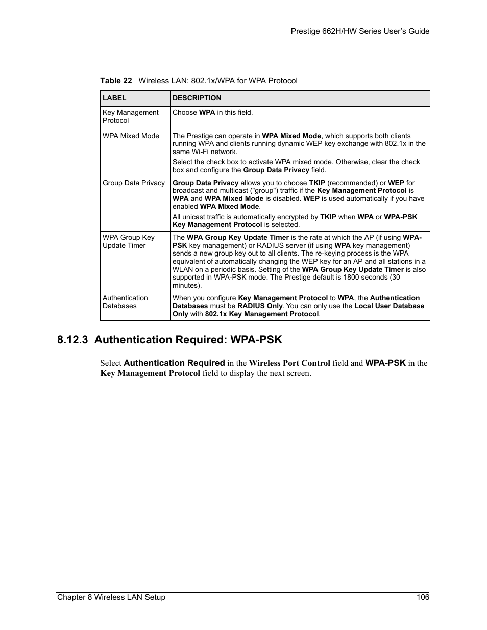 3 authentication required: wpa-psk, Table 22 wireless lan: 802.1x/wpa for wpa protocol | ZyXEL Communications 662HW Series User Manual | Page 106 / 563