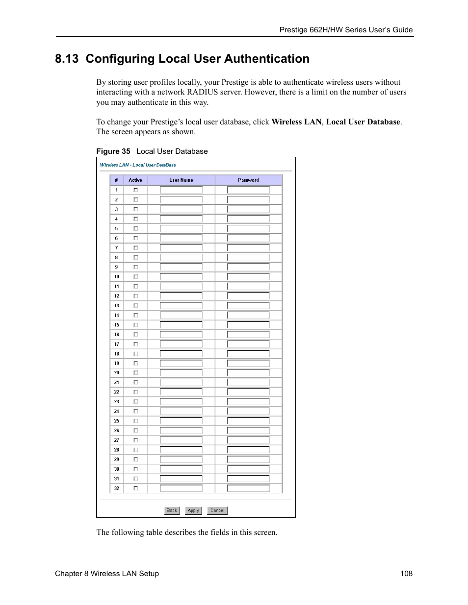 13 configuring local user authentication, Figure 35 local user database | ZyXEL Communications 662HW Series User Manual | Page 108 / 563