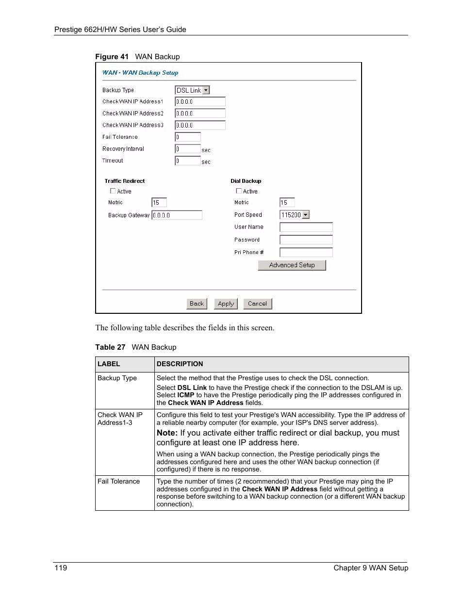 Figure 41 wan backup, Table 27 wan backup | ZyXEL Communications 662HW Series User Manual | Page 119 / 563