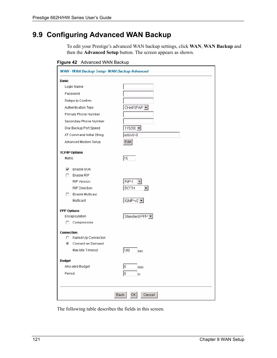 9 configuring advanced wan backup, Figure 42 advanced wan backup | ZyXEL Communications 662HW Series User Manual | Page 121 / 563