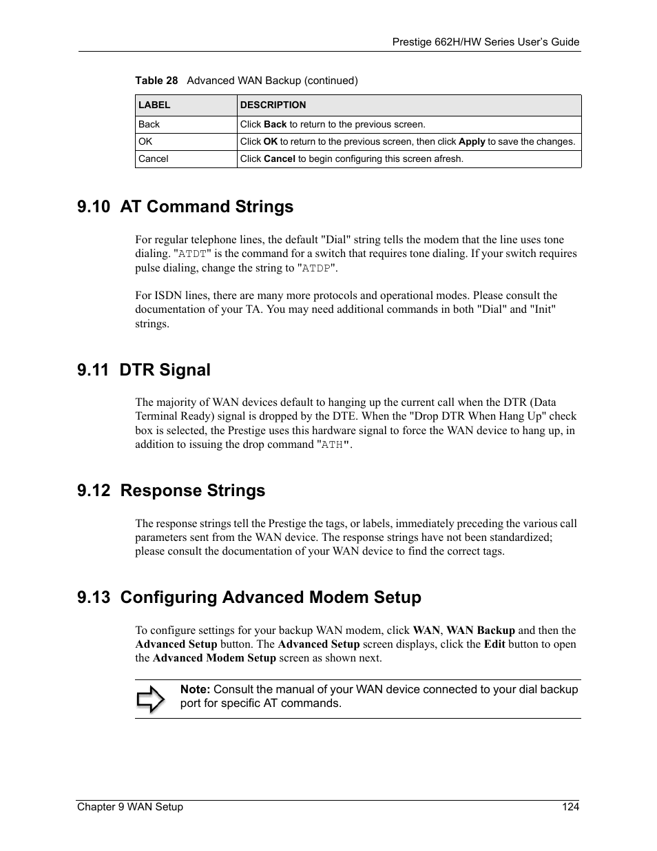 10 at command strings, 11 dtr signal, 12 response strings | 13 configuring advanced modem setup | ZyXEL Communications 662HW Series User Manual | Page 124 / 563