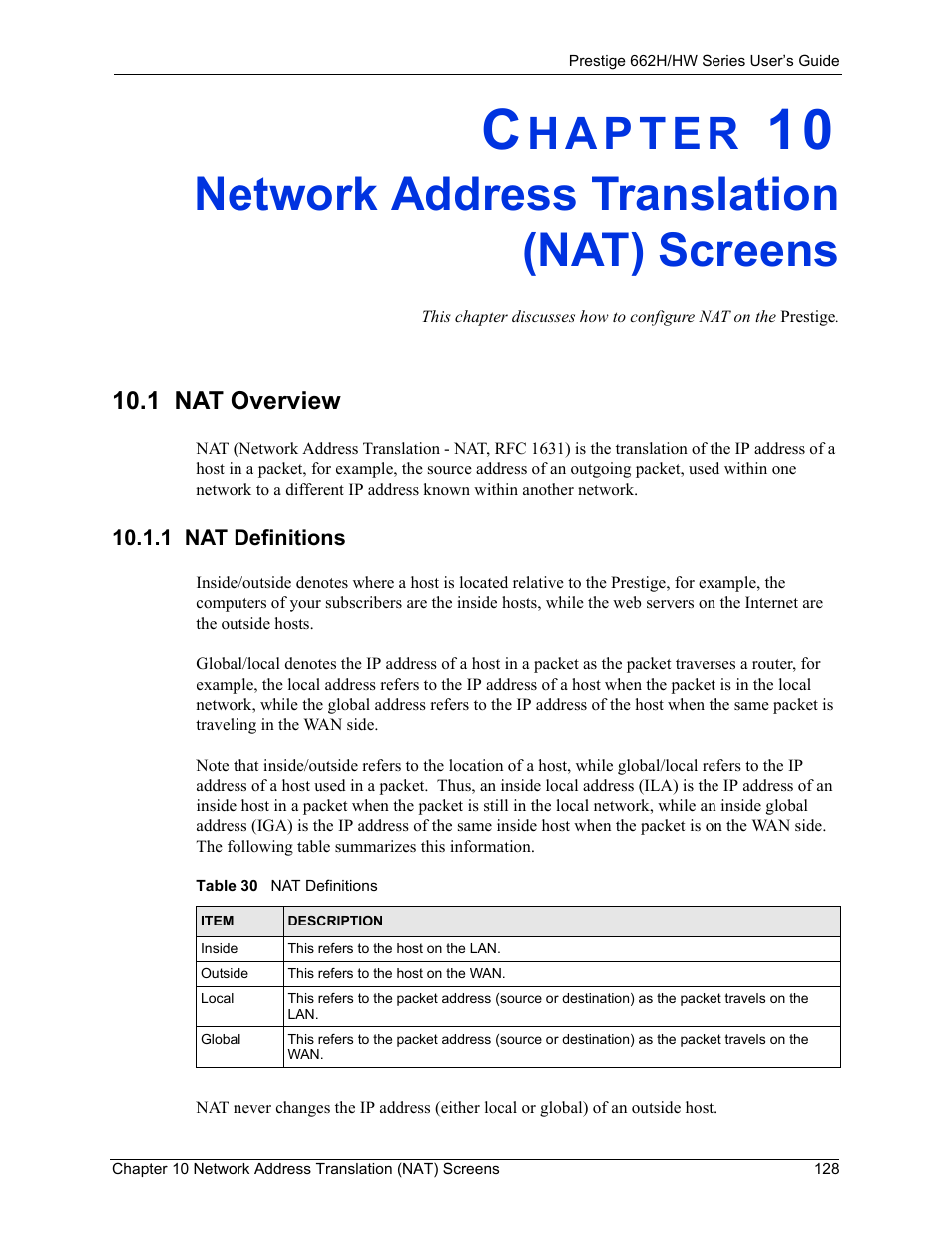 Network address translation (nat) screens, 1 nat overview, 1 nat definitions | Table 30 nat definitions | ZyXEL Communications 662HW Series User Manual | Page 128 / 563