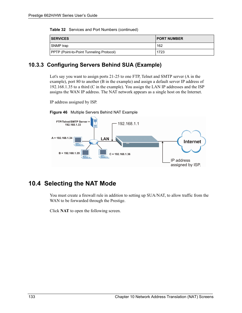 3 configuring servers behind sua (example), 4 selecting the nat mode, Figure 46 multiple servers behind nat example | ZyXEL Communications 662HW Series User Manual | Page 133 / 563