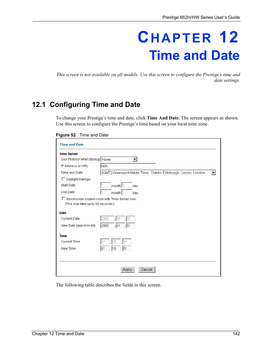 Time and date, 1 configuring time and date, Chapter 12 time and date | Figure 52 time and date | ZyXEL Communications 662HW Series User Manual | Page 142 / 563