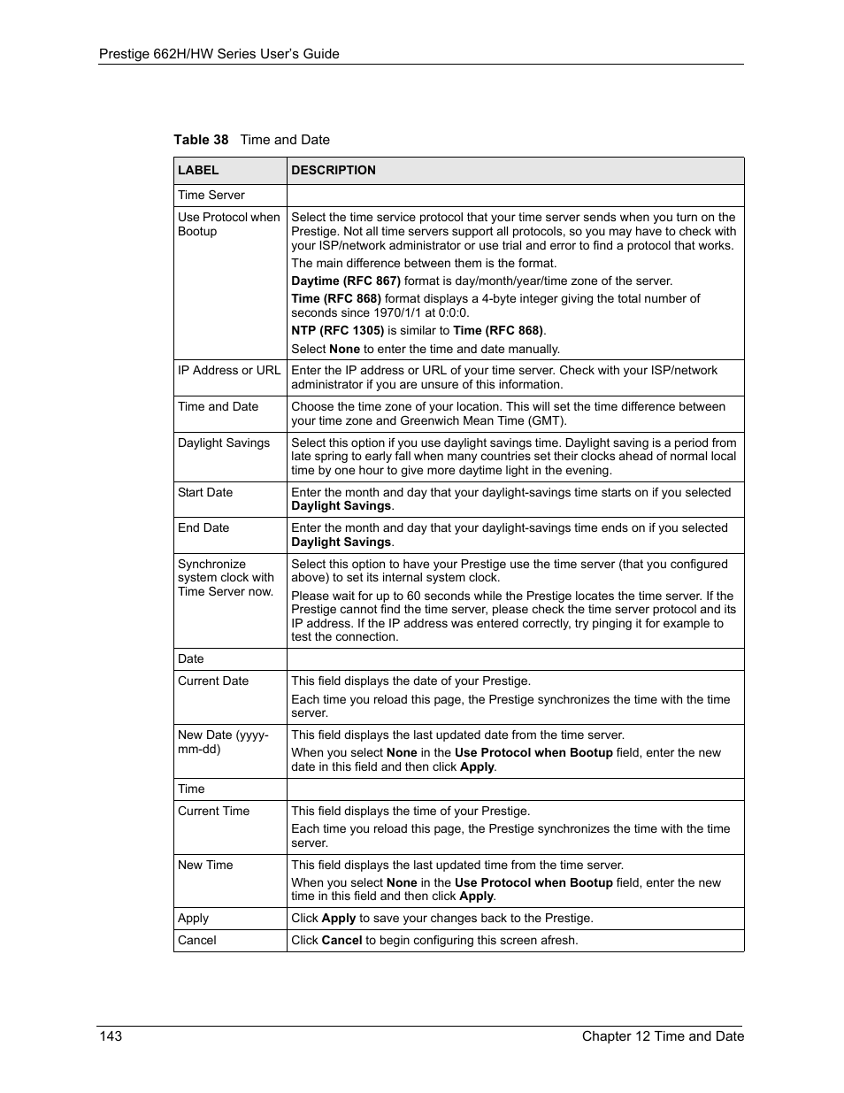 Table 38 time and date | ZyXEL Communications 662HW Series User Manual | Page 143 / 563