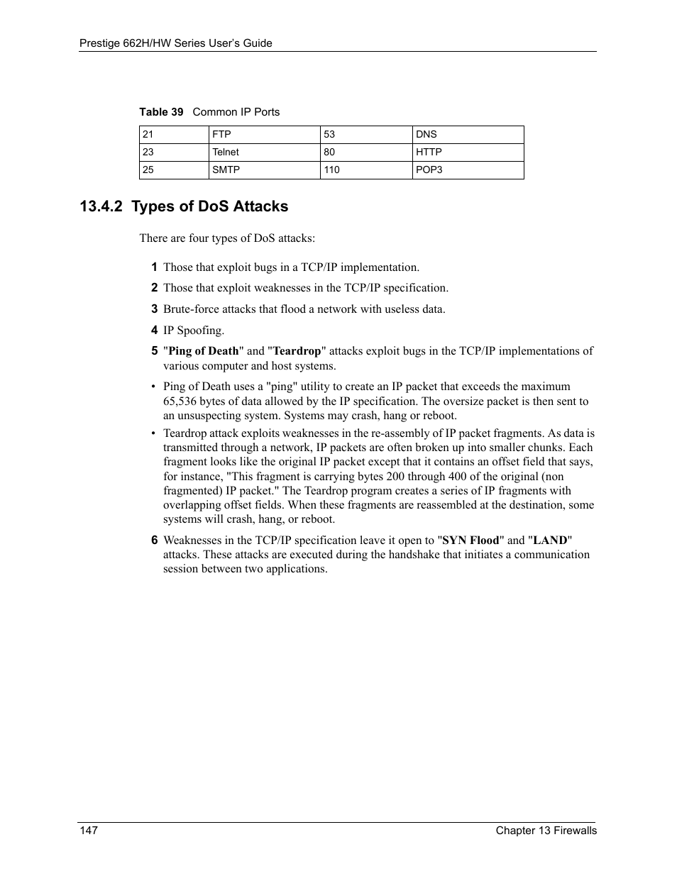 2 types of dos attacks, Table 39 common ip ports | ZyXEL Communications 662HW Series User Manual | Page 147 / 563