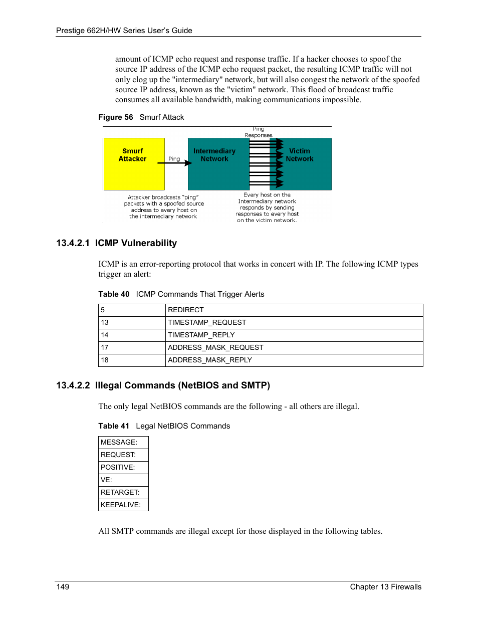 1 icmp vulnerability, 2 illegal commands (netbios and smtp), Figure 56 smurf attack | ZyXEL Communications 662HW Series User Manual | Page 149 / 563