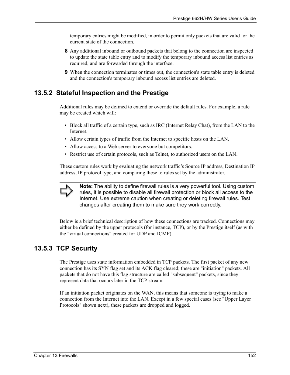 2 stateful inspection and the prestige, 3 tcp security | ZyXEL Communications 662HW Series User Manual | Page 152 / 563