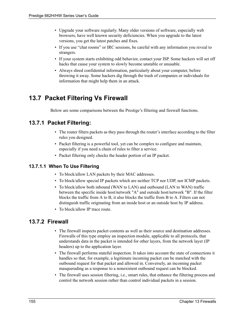 7 packet filtering vs firewall, 1 packet filtering, 1 when to use filtering | 2 firewall | ZyXEL Communications 662HW Series User Manual | Page 155 / 563