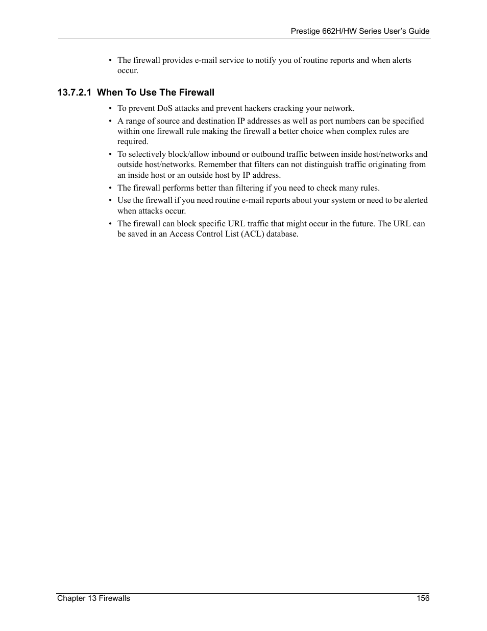 1 when to use the firewall | ZyXEL Communications 662HW Series User Manual | Page 156 / 563