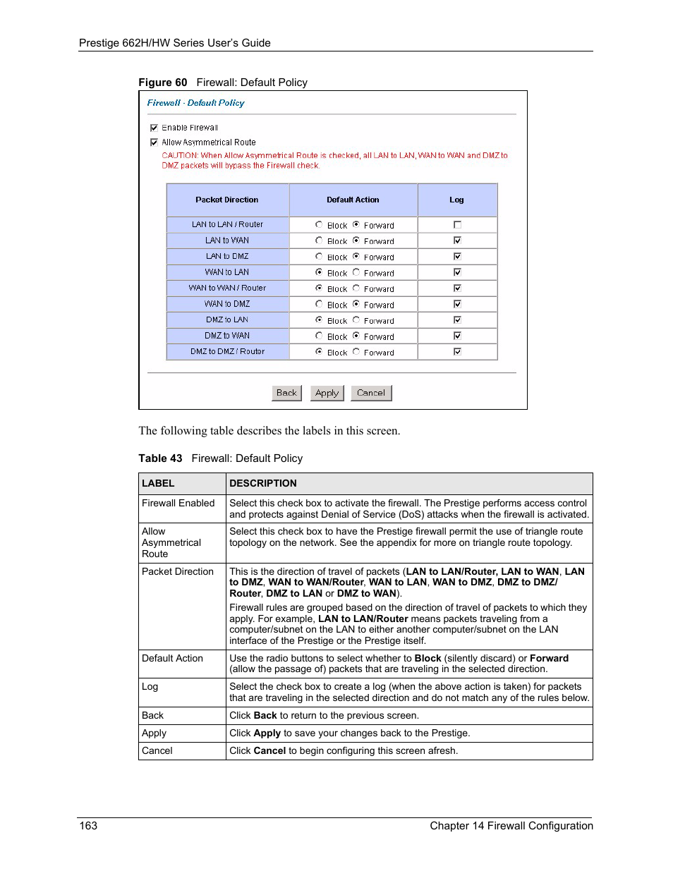 Figure 60 firewall: default policy, Table 43 firewall: default policy | ZyXEL Communications 662HW Series User Manual | Page 163 / 563