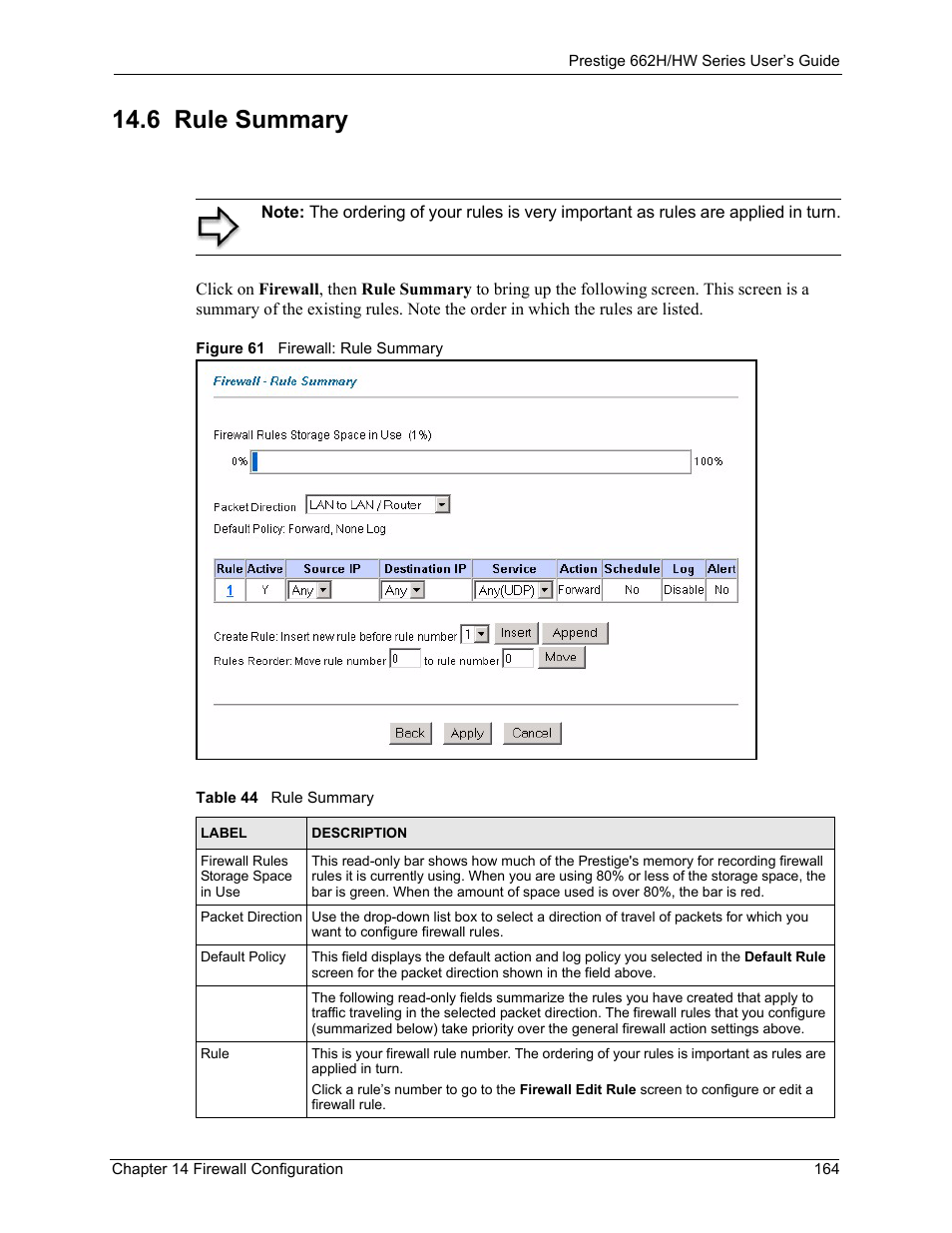 6 rule summary, Figure 61 firewall: rule summary, Table 44 rule summary | ZyXEL Communications 662HW Series User Manual | Page 164 / 563