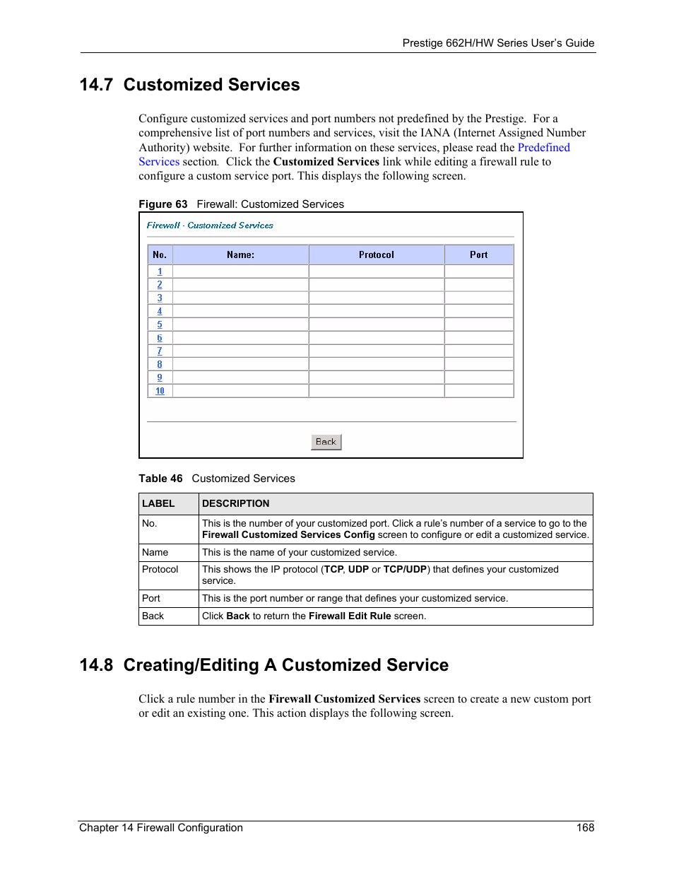 7 customized services, 8 creating/editing a customized service, Figure 63 firewall: customized services | Table 46 customized services | ZyXEL Communications 662HW Series User Manual | Page 168 / 563