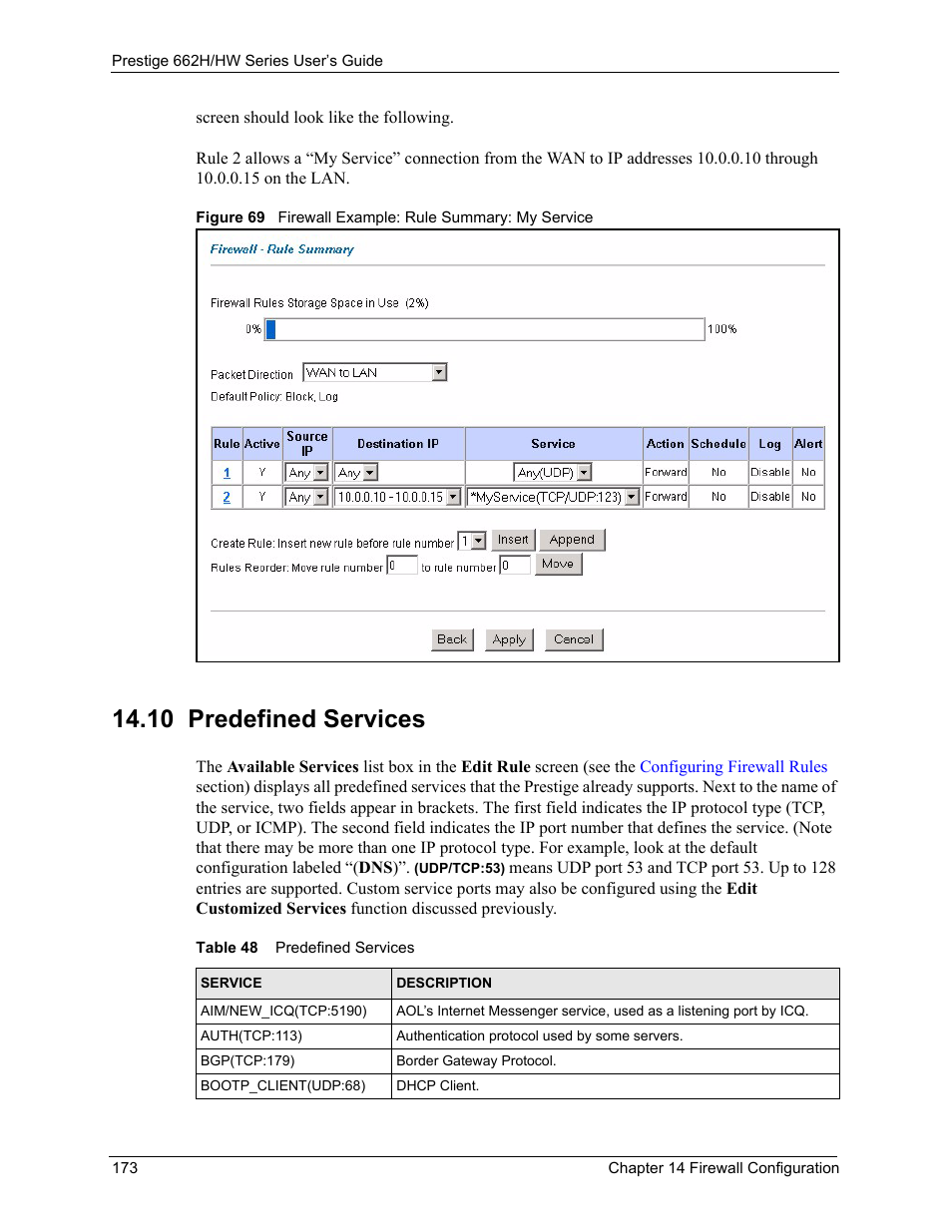 10 predefined services, Table 48 predefined services | ZyXEL Communications 662HW Series User Manual | Page 173 / 563