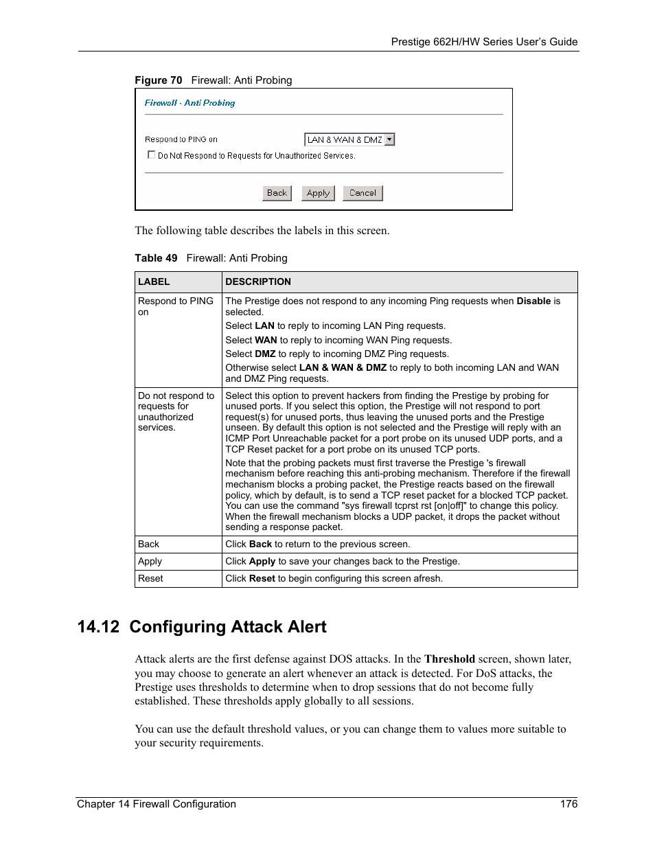 12 configuring attack alert, Figure 70 firewall: anti probing, Table 49 firewall: anti probing | ZyXEL Communications 662HW Series User Manual | Page 176 / 563