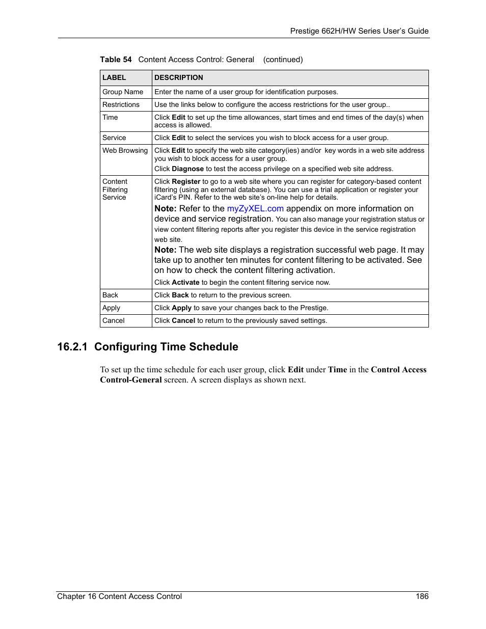 1 configuring time schedule | ZyXEL Communications 662HW Series User Manual | Page 186 / 563