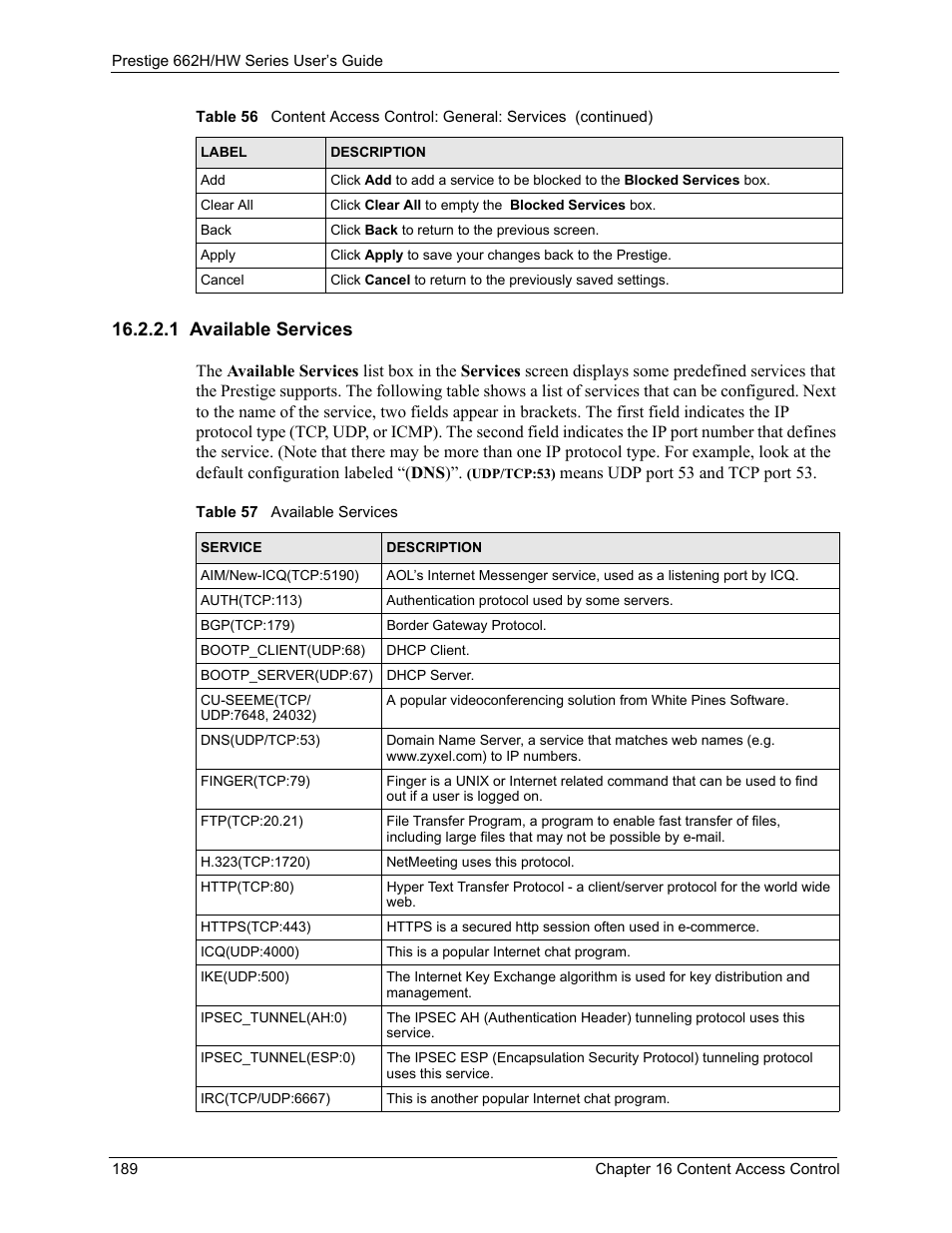 1 available services, Table 57 available services | ZyXEL Communications 662HW Series User Manual | Page 189 / 563