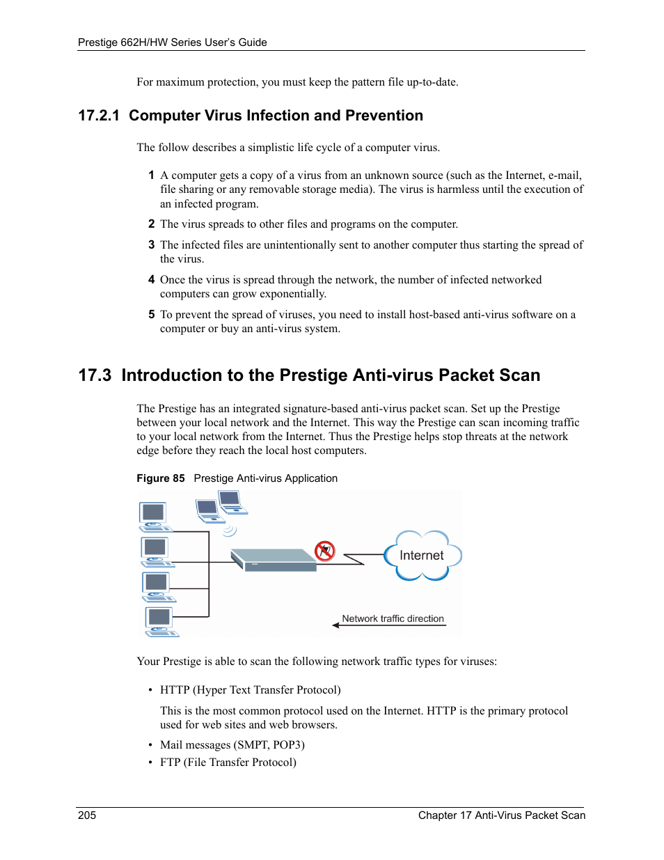 1 computer virus infection and prevention, Figure 85 prestige anti-virus application | ZyXEL Communications 662HW Series User Manual | Page 205 / 563