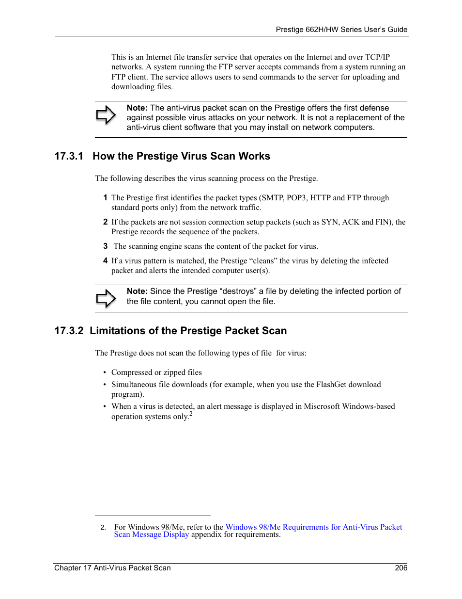 1 how the prestige virus scan works, 2 limitations of the prestige packet scan | ZyXEL Communications 662HW Series User Manual | Page 206 / 563