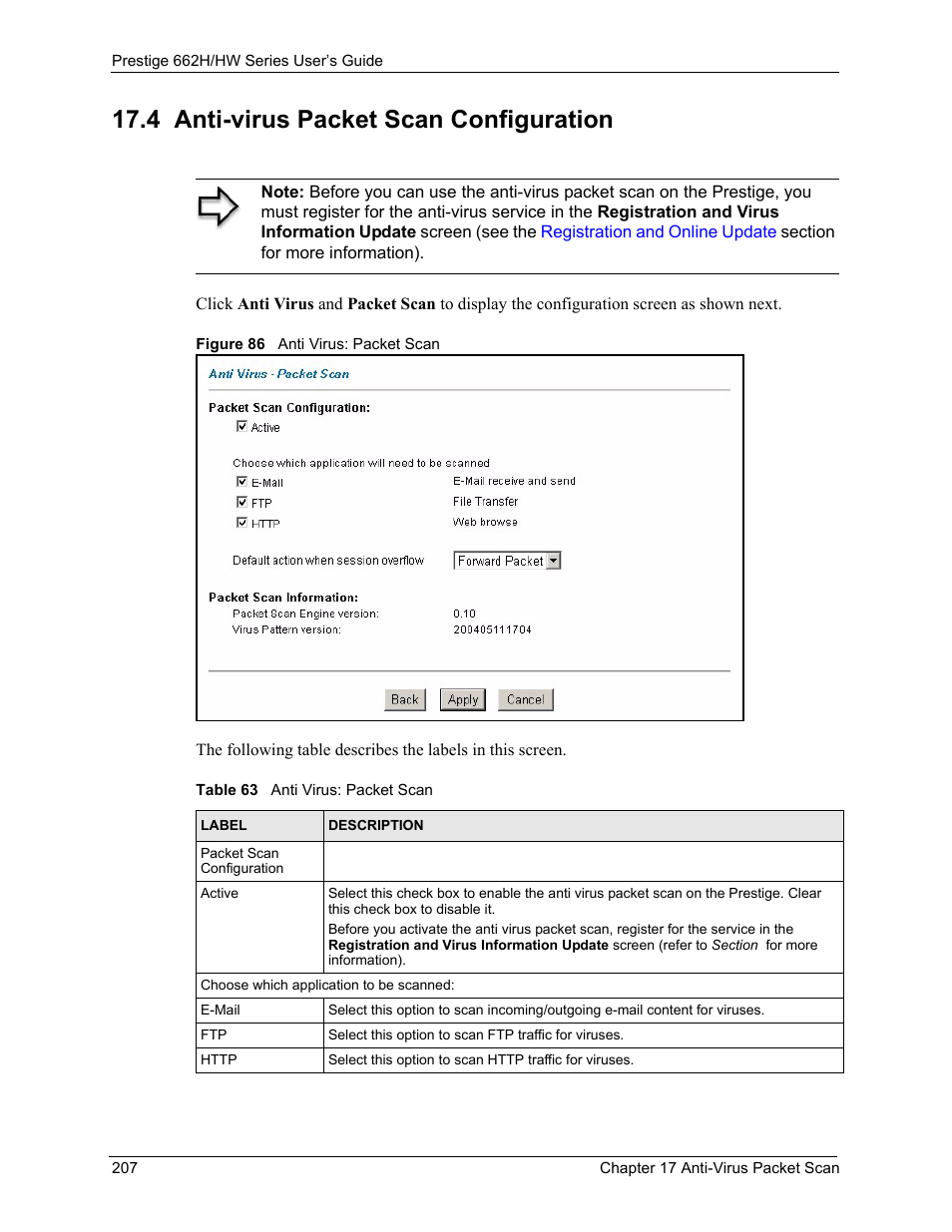 4 anti-virus packet scan configuration, Figure 86 anti virus: packet scan, Table 63 anti virus: packet scan | ZyXEL Communications 662HW Series User Manual | Page 207 / 563