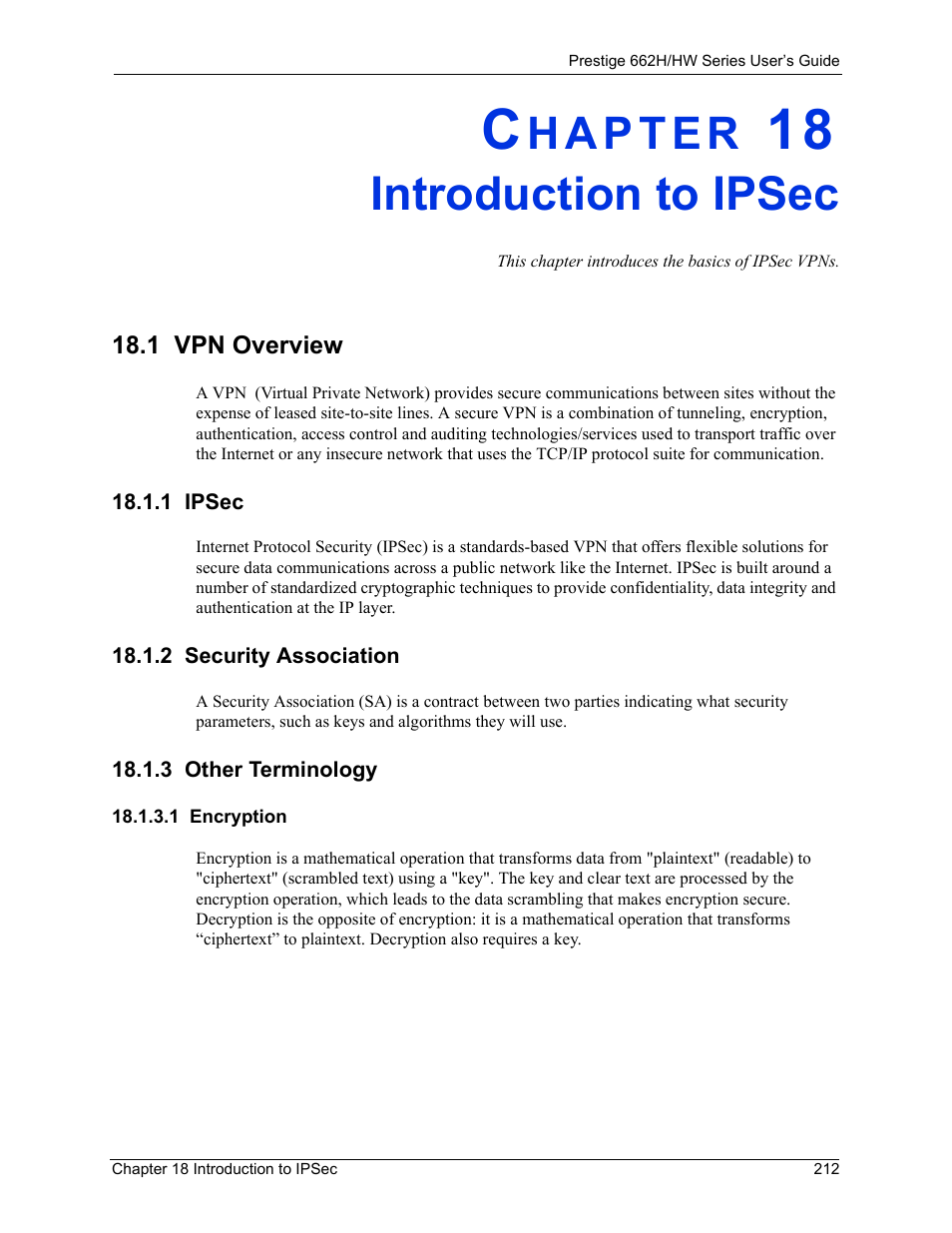 Introduction to ipsec, 1 vpn overview, 1 ipsec | 2 security association, 3 other terminology, 1 encryption, Chapter 18 introduction to ipsec | ZyXEL Communications 662HW Series User Manual | Page 212 / 563
