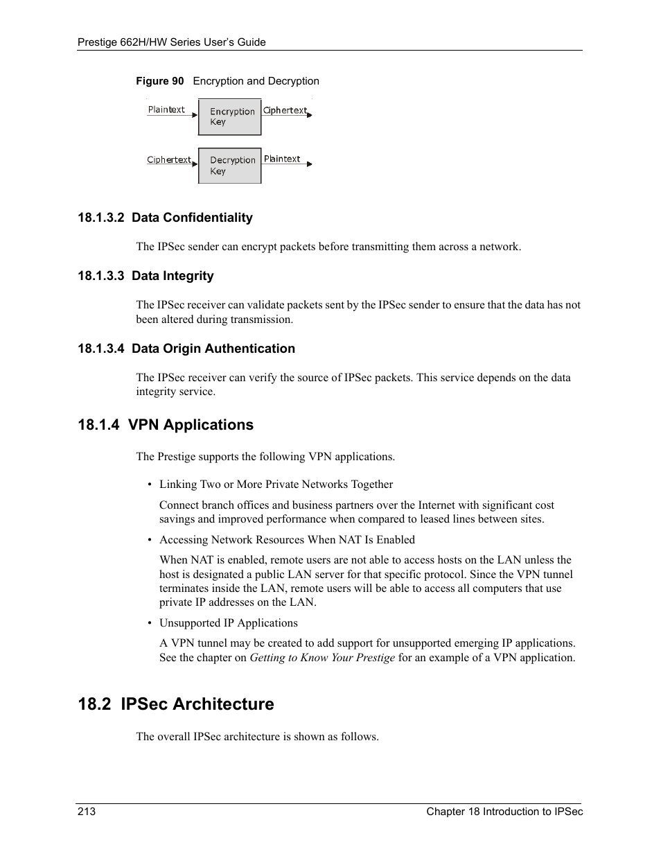 2 data confidentiality, 3 data integrity, 4 data origin authentication | 4 vpn applications, 2 ipsec architecture, Figure 90 encryption and decryption | ZyXEL Communications 662HW Series User Manual | Page 213 / 563